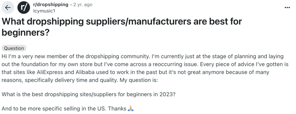 Reddit question post asking for the best dropshipping suppliers for beginners in the US