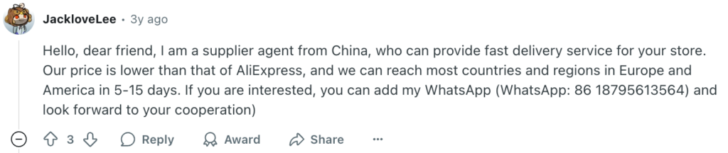 Reddit comment from a Chinese supplier offering fast delivery and low prices for dropshipping