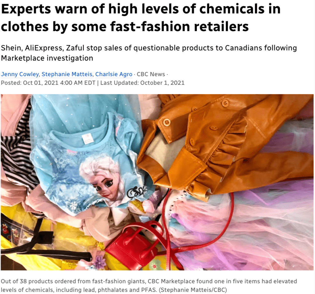 CBC News article headline warning about high chemical levels in fast-fashion clothes