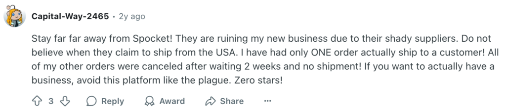 Reddit comment criticizing Spocket for poor shipping performance and unreliable suppliers