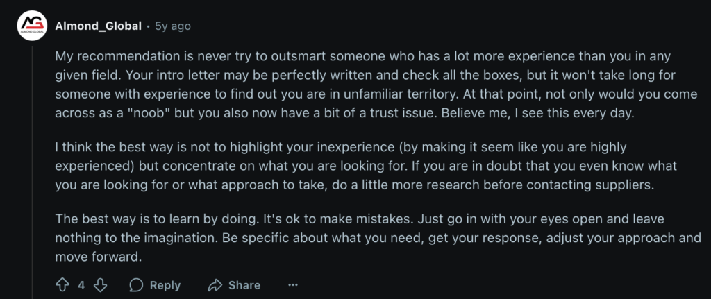 Reddit comment advising beginners not to pretend to have experience when contacting suppliers, and to focus on learning by doing