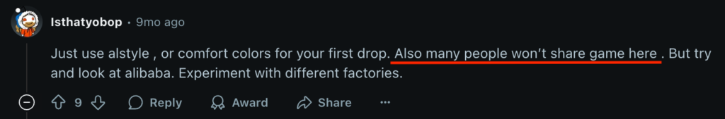 Reddit user recommends using Alstyle or Comfort Colors for a first product drop and notes that many users are reluctant to share supplier information