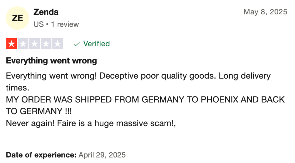 Faire customer review on Trustpilot