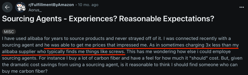Reddit discussion about sourcing agents offering significantly cheaper prices than Alibaba suppliers, raising questions about sourcing strategies