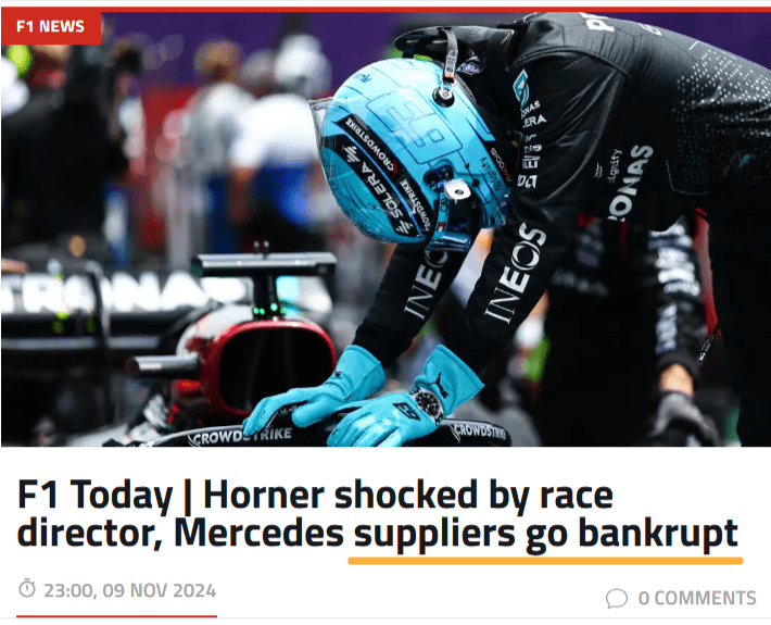 F1 news headline "Horner shocked by race director, Mercedes suppliers go bankrupt"