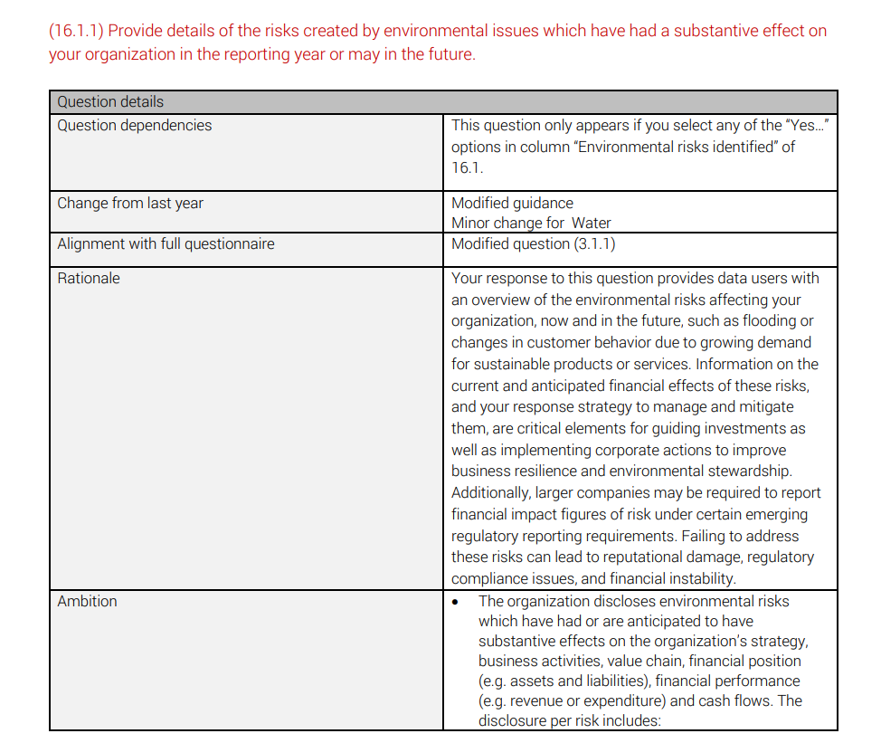 Details for CDP question 16.1.1 on environmental risks, including rationale, ambition, and required disclosures related to financial and strategic impacts table