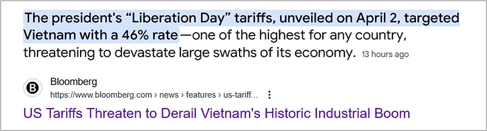 Google search result snippet stating US president imposed 46% tariffs on Vietnam on April 2, threatening the economy
