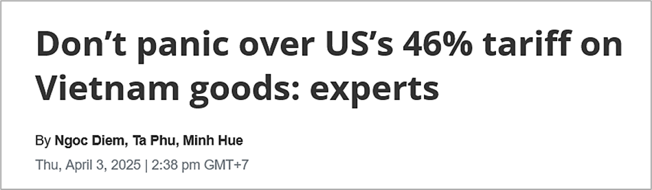 News headline advising not to panic over US’s 46% tariff on Vietnamese goods, with author and timestamp