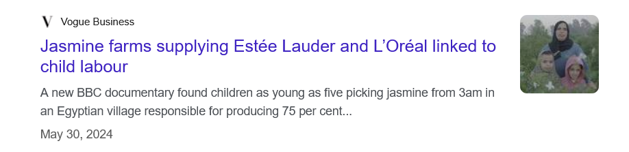 News snippet reporting child labour linked to jasmine farms supplying Estée Lauder and L'Oréal, with an image of children and a woman in a field