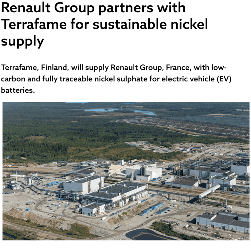 News article headline "Renault Group partners with Terrafame for sustainable nickel supply"