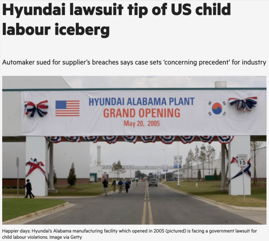 News article headline "Hyundai lawsuit tip of US child labour iceberg"