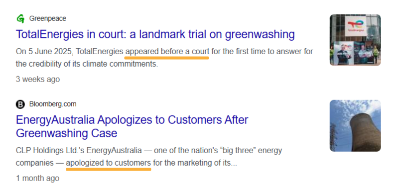 Google snippets showing TotalEnergies on trial for greenwashing and EnergyAustralia apologizing to customers after a greenwashing case