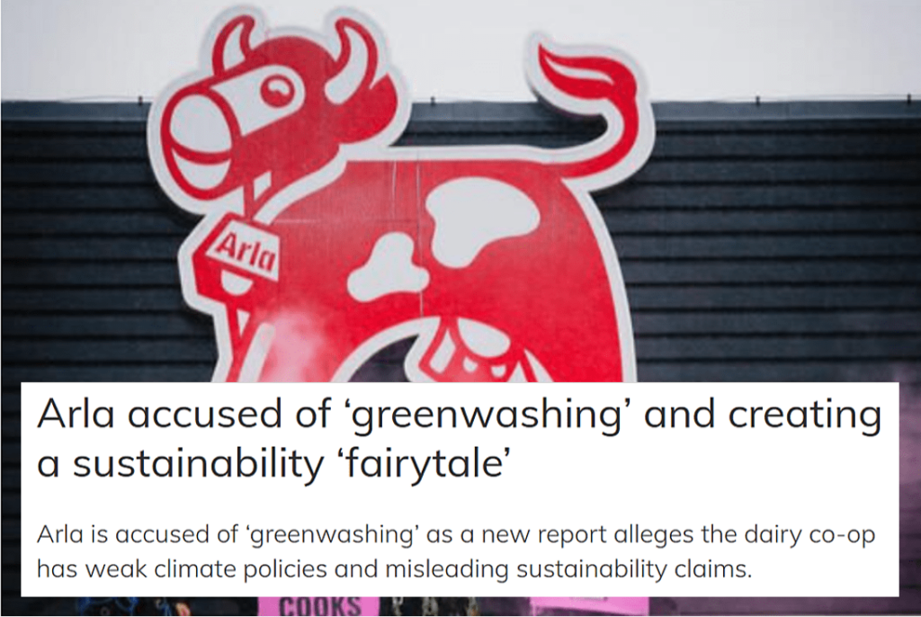 News article headline "Arla accused of ‘greenwashing’ and creating a sustainability ‘fairytale’"