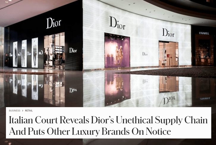 News article headline "Italian Court Reveals Dior’s Unethical Supply Chain And Puts Other Luxury Brands On Notice"