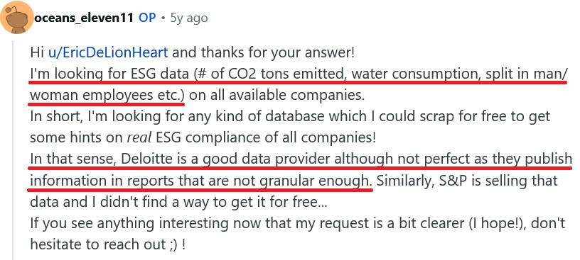 Reddit comment discussing ESG data sources and limitations of available reports, mentioning Deloitte and S&P