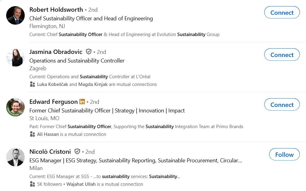 List of LinkedIn profiles of sustainability professionals