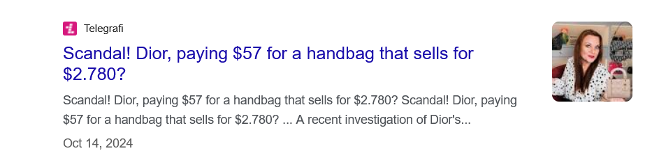 Google snippet showing headline about Dior paying $57 for a handbag that sells for $2,780, published by Telegrafi