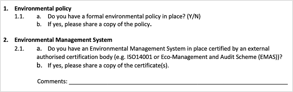 Form section asking about environmental policy and certified environmental management systems