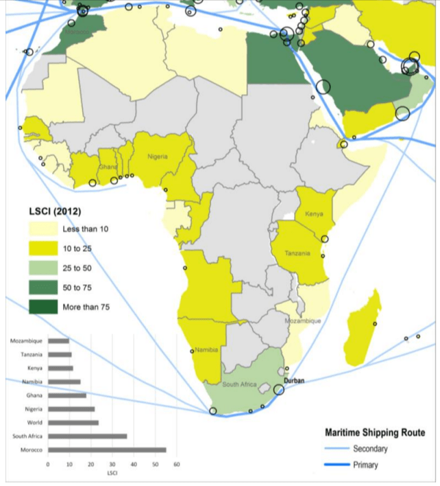 Map of Africa showing the 2012 Liner Shipping Connectivity Index