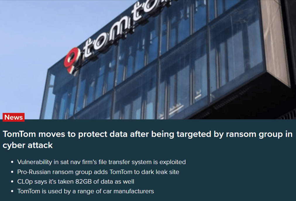 News article headline "TomTom moves to protect data after being targeted by ransom group in cyber attack"