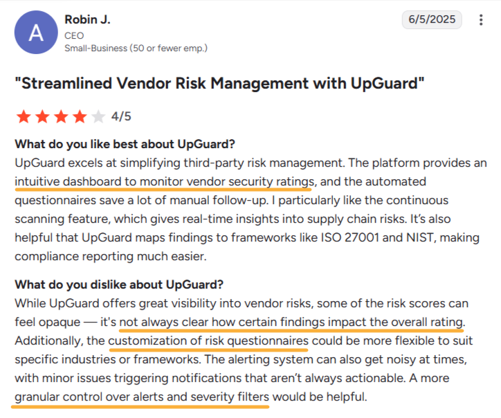 User review for UpGuard on G2