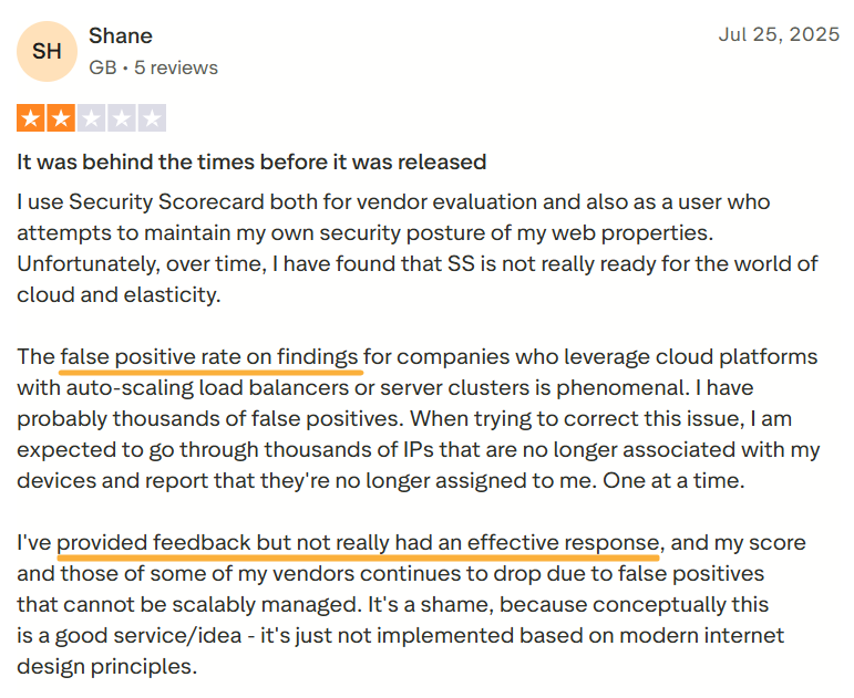 User review for SecurityScorecard on Trustpilot