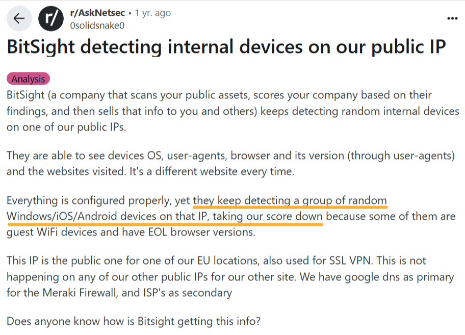 User review for Bitsight on Reddit