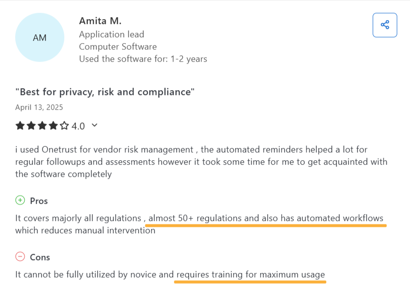 User review for OneTrust on Capterra