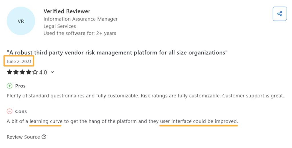 User review for Prevalent on Capterra