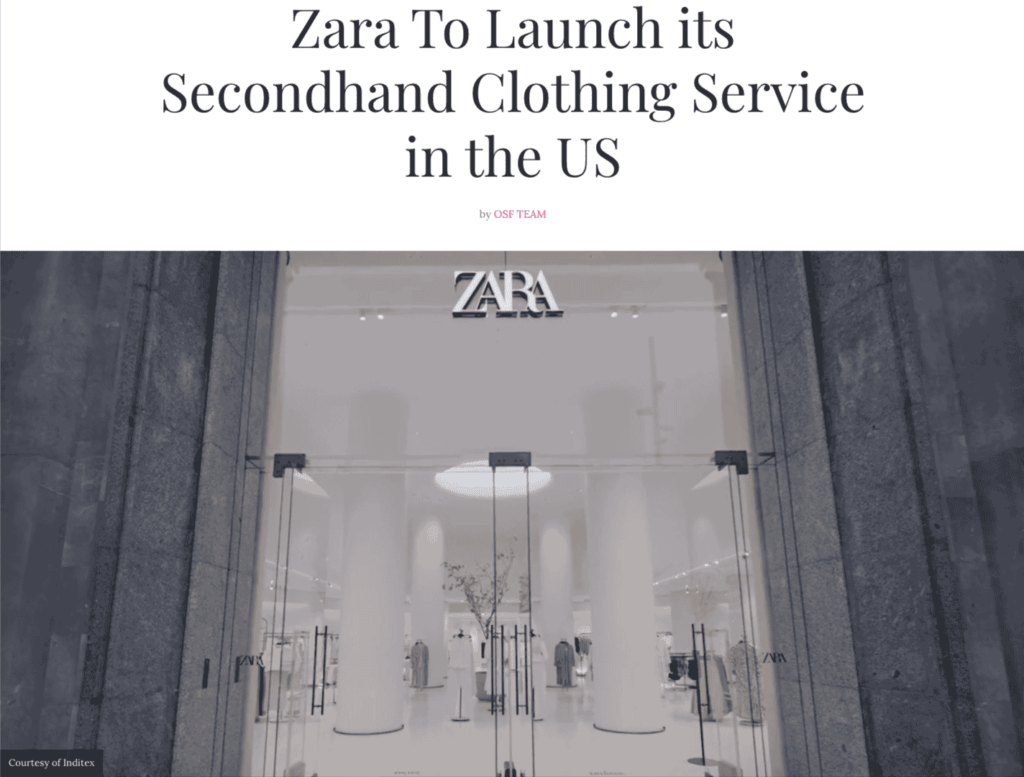 News article headline "Zara To Launch its Secondhand Clothing Service in the US"