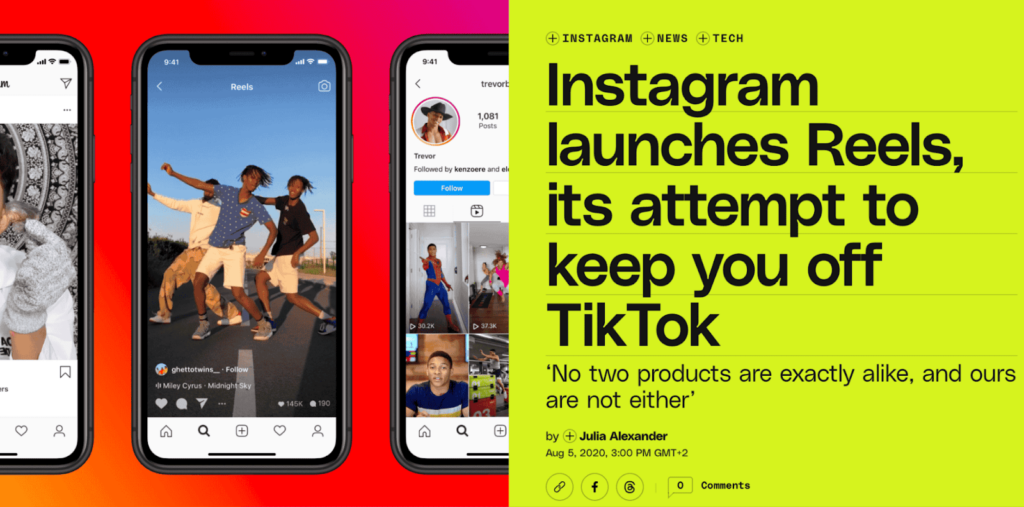 News article headline "Instagram launches Reels, its attempt to keep you off TikTok"