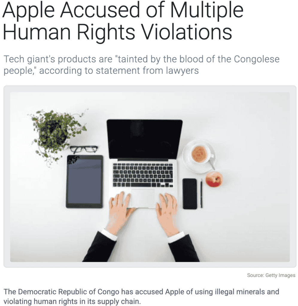 News article headline "Apple Accused of Multiple Human Rights Violations"