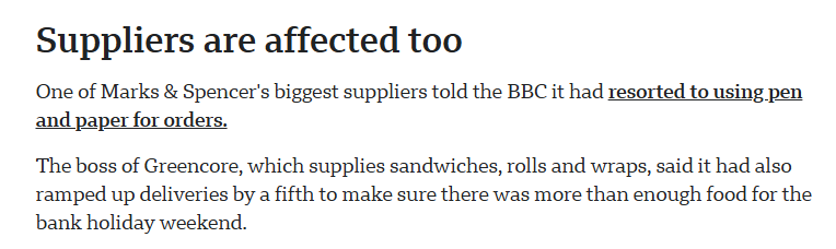 Text excerpt about Marks & Spencer suppliers resorting to pen and paper for orders during disruptions