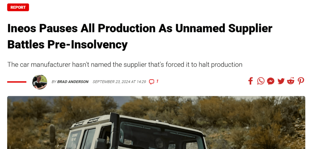 News article headilne "Ineos Pauses All Production As Unnamed Supplier Battles Pre-Insolvency"