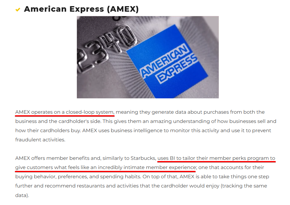 AMEX card close-up with text explaining how AMEX uses business intelligence to monitor activity, prevent fraud, and personalize member perks