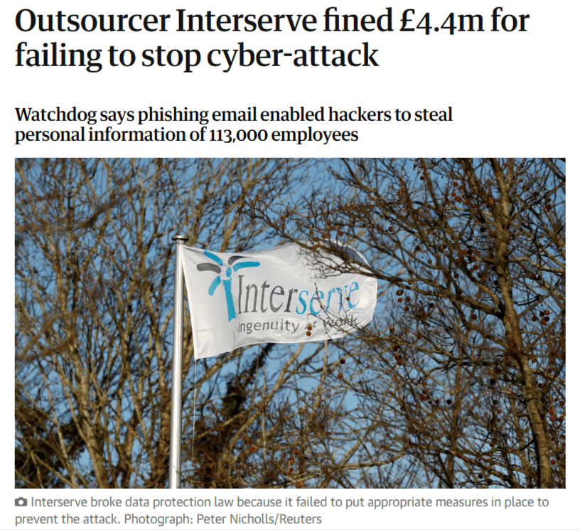 News article headline "Outsourcer Interserve fined £4.4m for failing to stop cyber-attack"