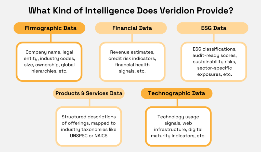 Types of intelligence provided by Veridion: Firmographic Data, Financial Data, ESG Data, Products & Services Data, and Technographic Data infographic 