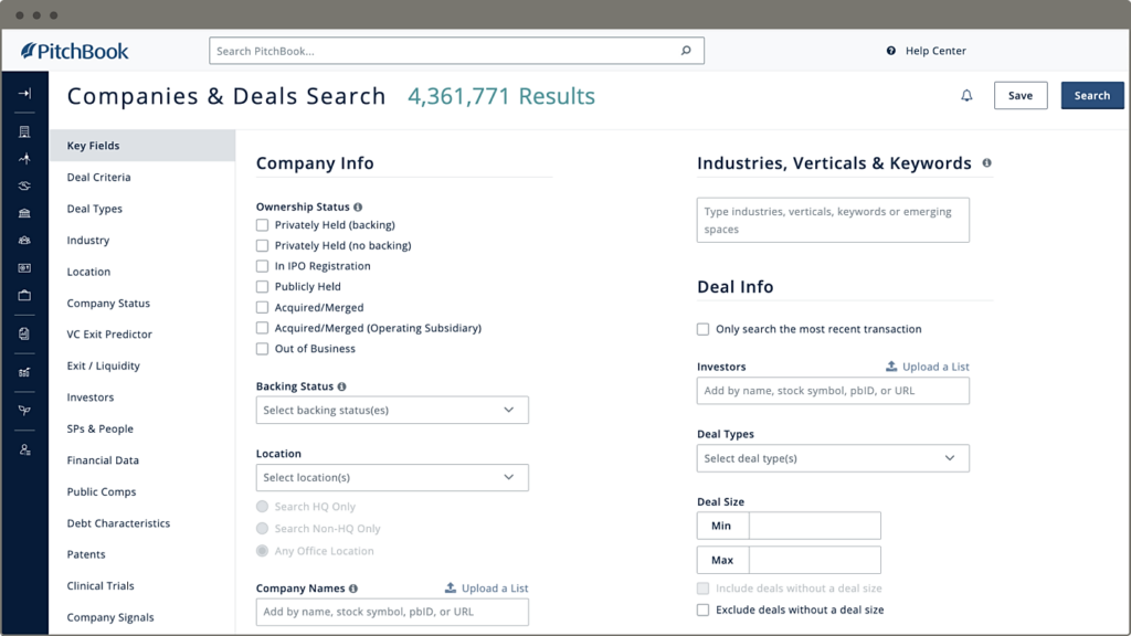 PitchBook dashboard
