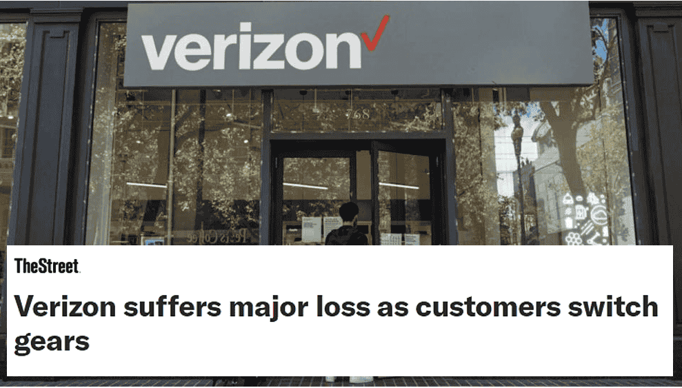 News article headline "Verizon suffers major loss as customers switch gears"
