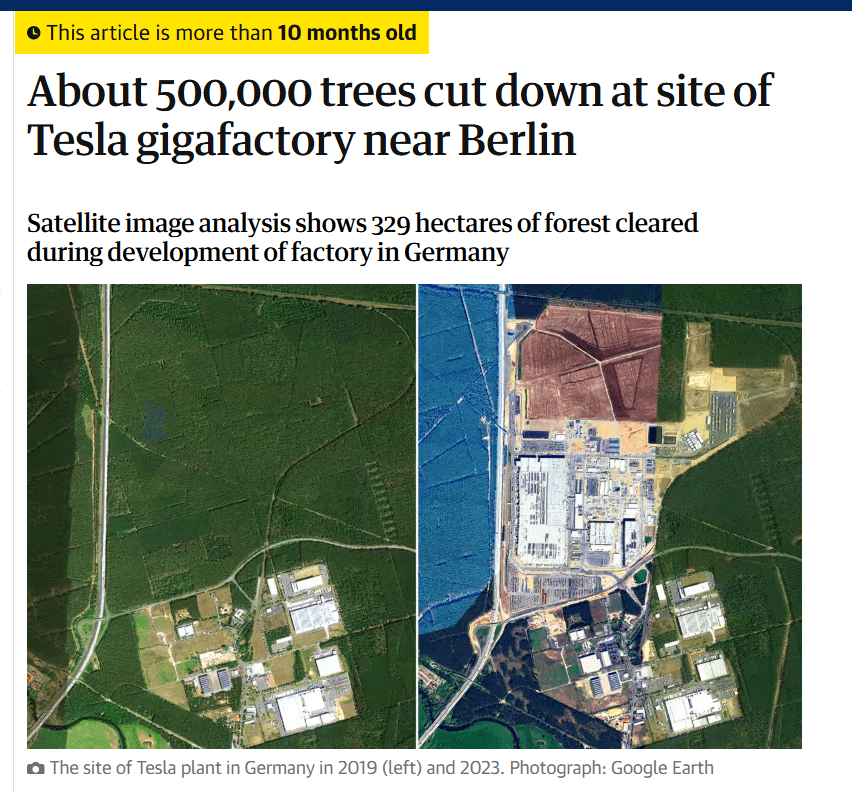 News article headline "About 500,000 trees cut down at site of Tesla gigafactory near Berlin"