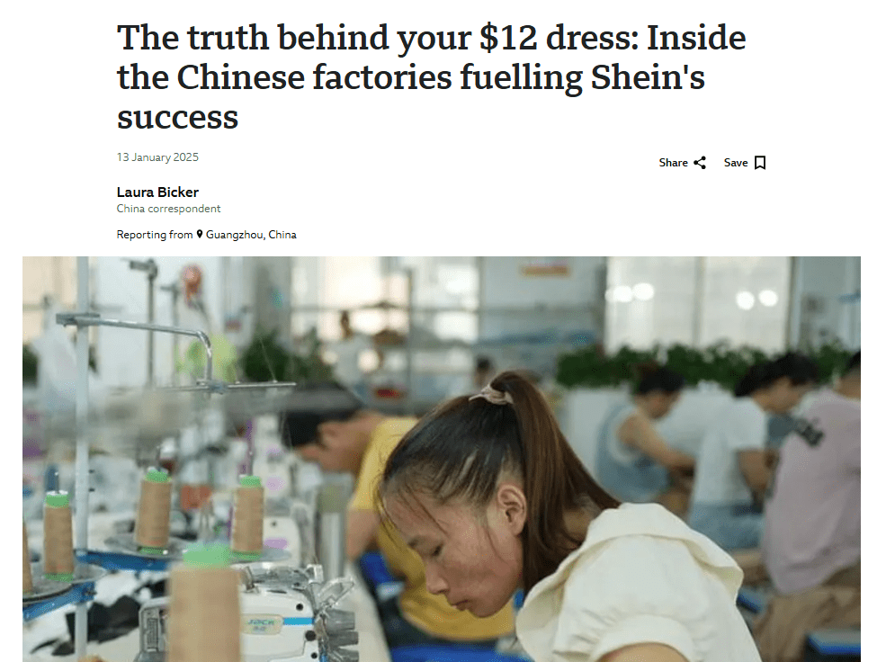 News article headline "The truth behind your $12 dress: Inside the Chinese factories fuelling Shein's success"