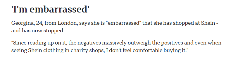 Shein shopper expressing embarrassment over shopping at Shein due to ethical concerns