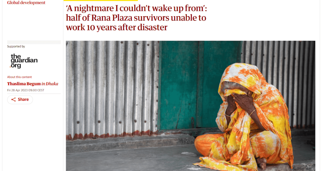 News article headline "‘A nightmare I couldn’t wake up from’: half of Rana Plaza survivors unable to work 10 years after disaster"