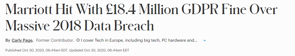 News article headline "Marriott Hit With £18.4 Million GDPR Fine Over Massive 2018 Data Breach"