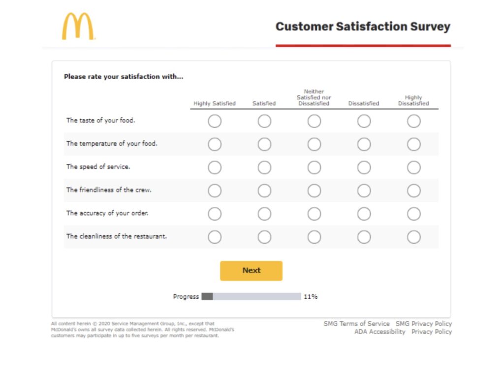 McDonald’s customer satisfaction survey interface
