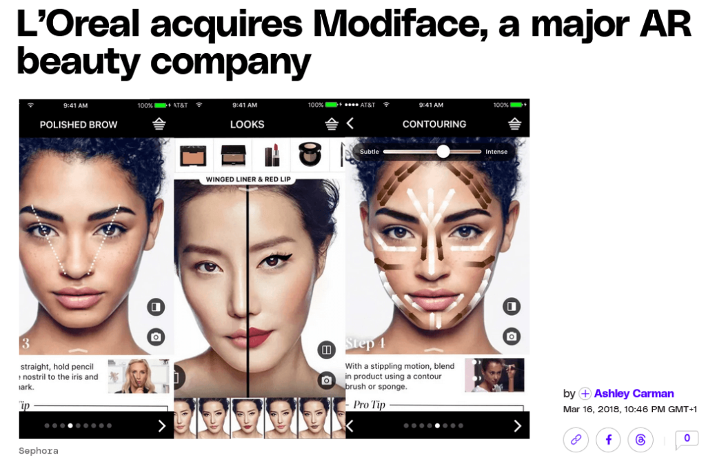 News article headline "L’Oreal acquires Modiface, a major AR beauty company"