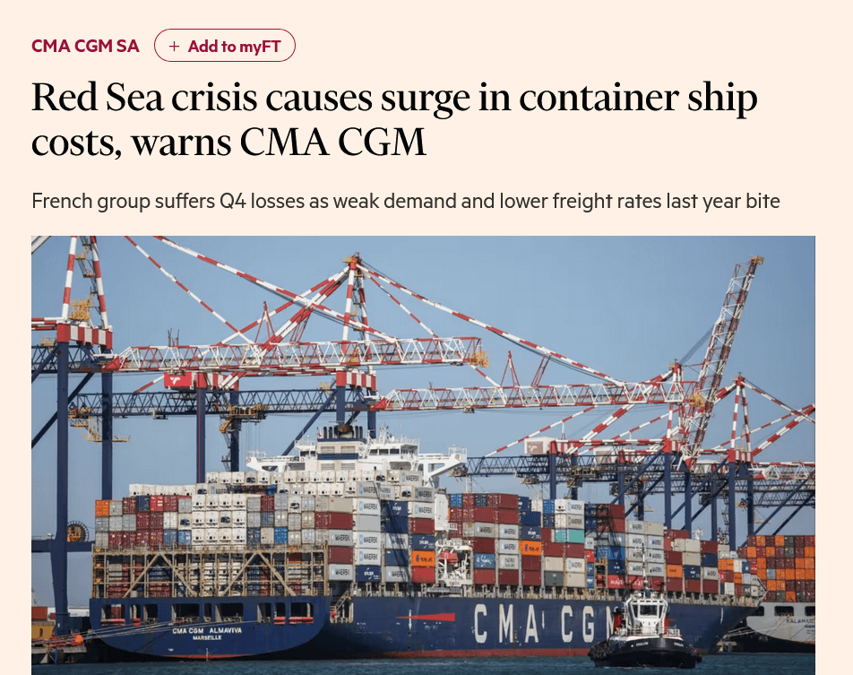 News article headline "Red Sea crisis causes surge in container ship costs, warns CMA CGM"