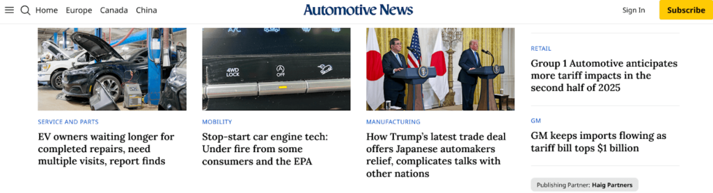 Screenshot of the Automotive News homepage