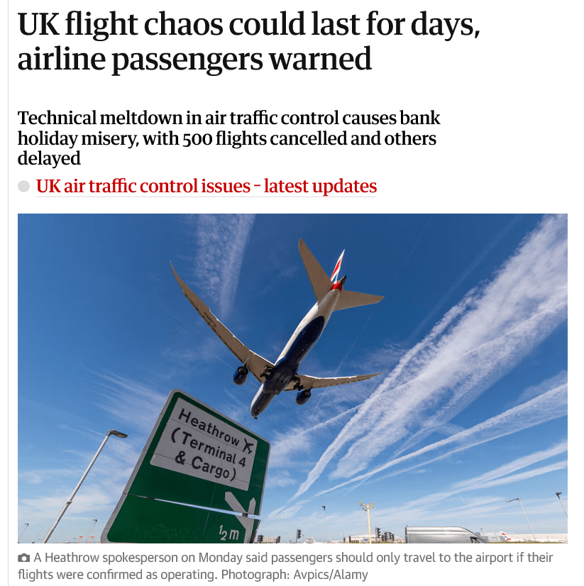 News article headline "UK flight chaos could last for days, airline passengers warned"