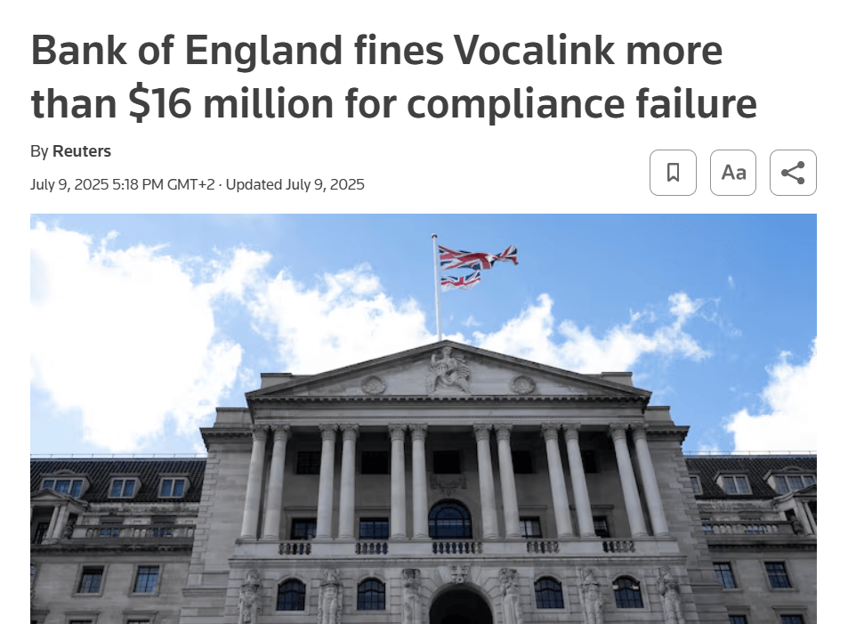 screenshot of a new article headline about how the Bank of England fined Mastercard’s Vocalink